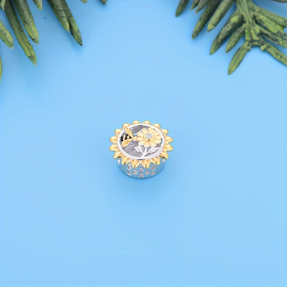 925 Sterling Silver Sunflower Charm Bead, 14K Gold Plated